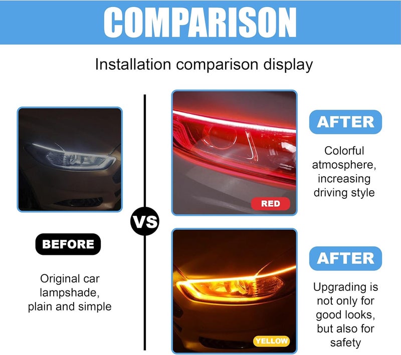 ZIMISI 2PCS 24 Inch Car LED Strip Lights, Flexible DRL Daytime Running Lights, Waterproof Dual Color Sequentially Flow Turn Signal Light, LED Headlight Strips for Car Decorations (Red/Yellow) - Image 5